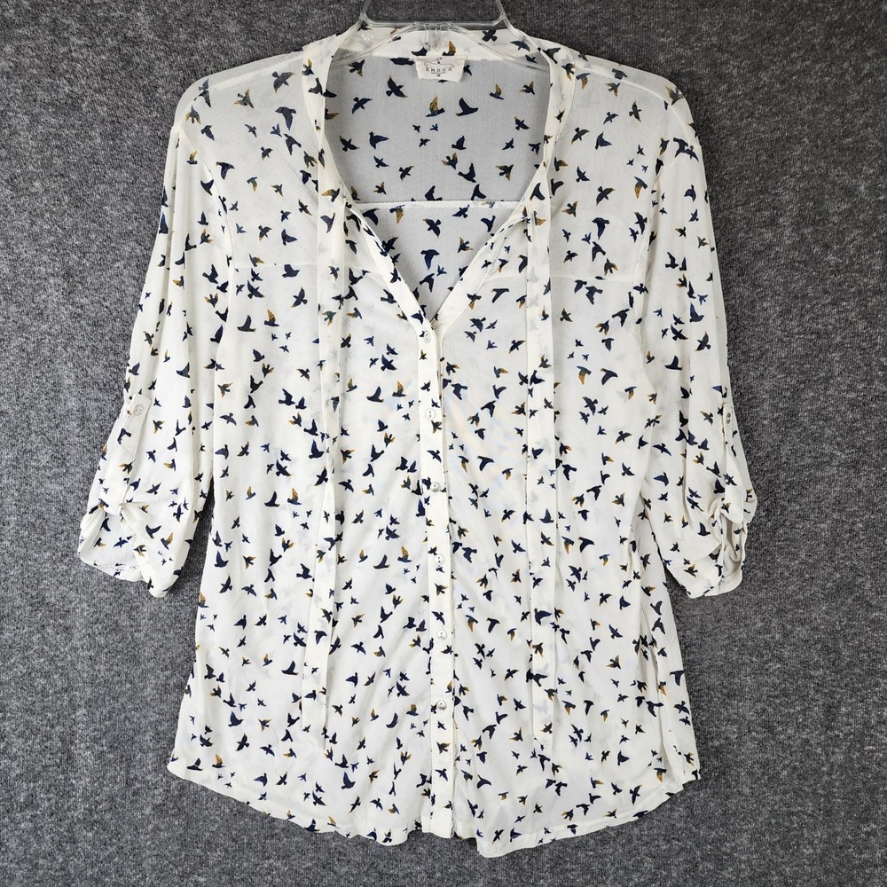 Ember Top Womens M Blouse White Bird Print Roll Tab Button Down EUC MSBT4587